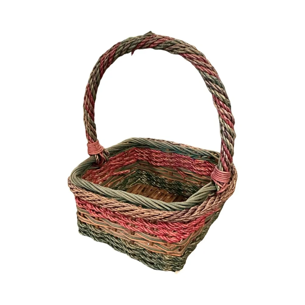 Vintage Woven Wicker Basket Square Multi Color Green Pink Brown 15x11x11